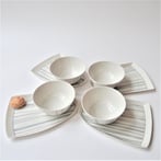 MS21-1 Four Parabel sets B, porcelain, inlayed, Plate h.1,5x24x17,5cm, Cup h.6xd.14cm, TerraDelft 2