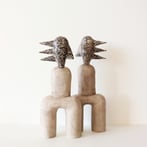 Gemini, 2025, set handbuilt stoneware, lithographic deco, glaze, pigments, 45x18x7cm each, 2