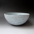 ME21-4 Bowl lines, h.16xd.35cm, white-blue, porcelain-handbuild, TerraDelft2