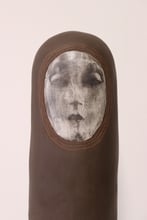 Bystander, 2024, handbuilt stoneware, lithographic deco, ceramic pigments, glaze, h.37x16x26cm.,detail