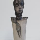 Bird keeper, stoneware, handbuilt, lithographic deco, pimets, 36x13x8cm.