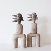 Gemini, 2025, set handbuilt stoneware, lithographic deco, glaze, pigments, 45x18x7cm each, 1