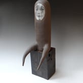 Bystander, 2024, handbuilt stoneware, lithographic deco, ceramic pigments, glaze, h.37x16x26cm., TerraDelft2