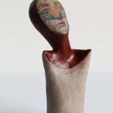 Dreamer, 2025, handbuilt stoneware, lithographic deco, pigments, 29x12x13cm