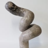 -Swirl-, 2024, h.48x23x28cm, handbuilt stoneware, lithographic deco, patina with body stains and metal oxides