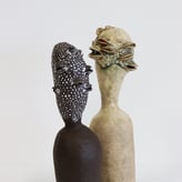 Banksia I and II, 2024, handbuilt stoneware, lithogrphic deco, pigments, glaze, 33x10x10cm.