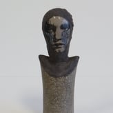 Visionaire, 2025, stoneware, handbuilt, lithographic deco, pigments, 28x10x8cm