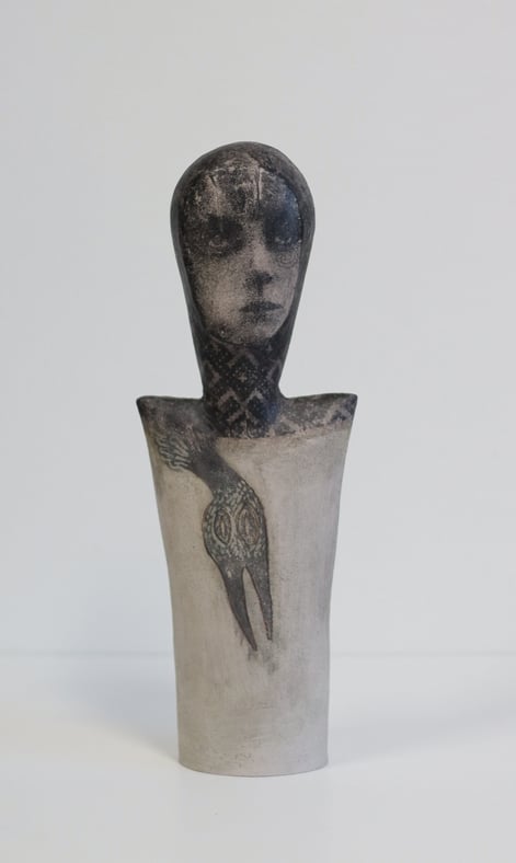 Bird keeper, stoneware, handbuilt, lithographic deco, pimets, 36x13x8cm.