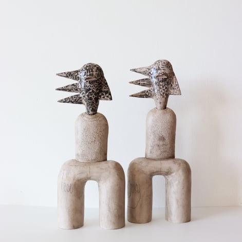 Gemini, 2025, set handbuilt stoneware, lithographic deco, glaze, pigments, 45x18x7cm each, 1
