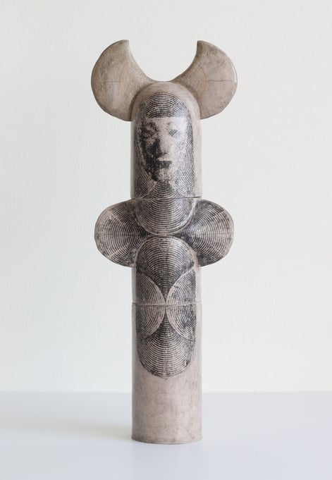 Goddess, 2025, stoneware, handbuilt, lithographic deco, glaze, pigments