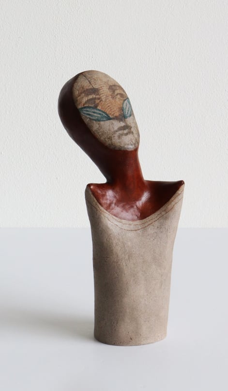 Dreamer, 2025, handbuilt stoneware, lithographic deco, pigments, 29x12x13cm