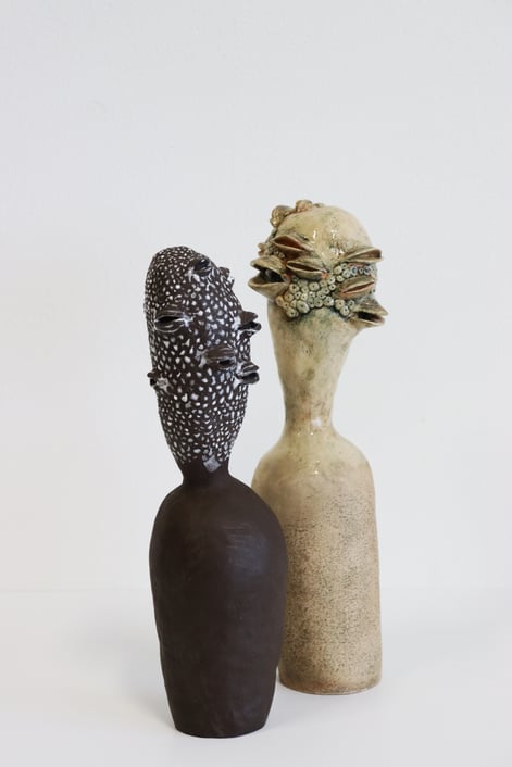 Banksia I and II, 2024, handbuilt stoneware, lithogrphic deco, pigments, glaze, 33x10x10cm.