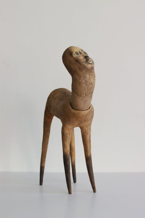 Selfportrait, 2018, handbuilt stoneware,lithographic deco, pigment, glaze, 47x13x30cm.
