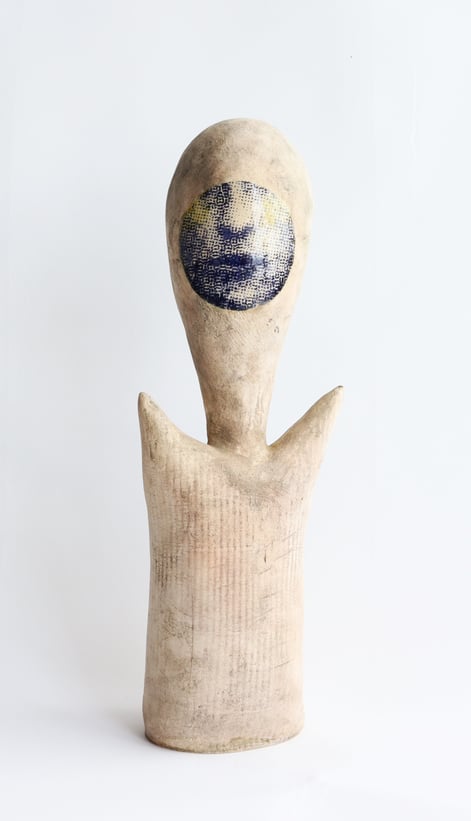 Whispers, 2023, handbuilt stoneware, lithographic deco, pigments, glaze, 35x12x10cm.