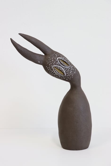 Bird, stoneware, handbuilt, pigments, glaze, 37x26x11cm